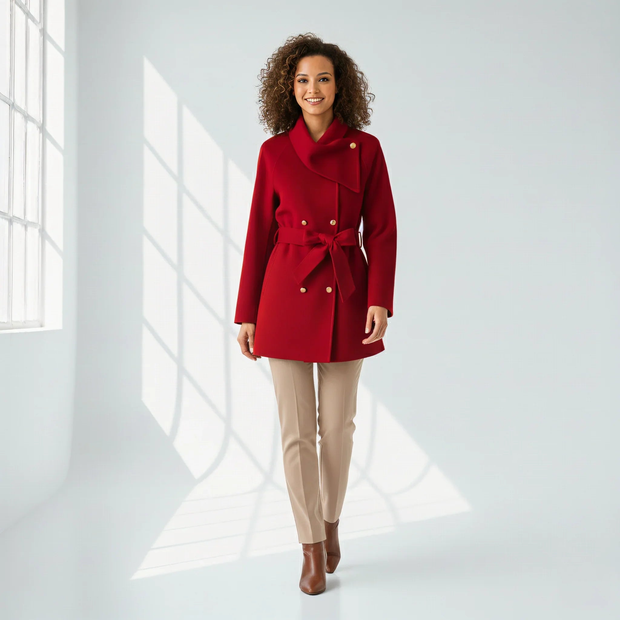 Femme souriante portant un manteau rouge chic Cygneora avec ceinture, pantalon beige et bottines