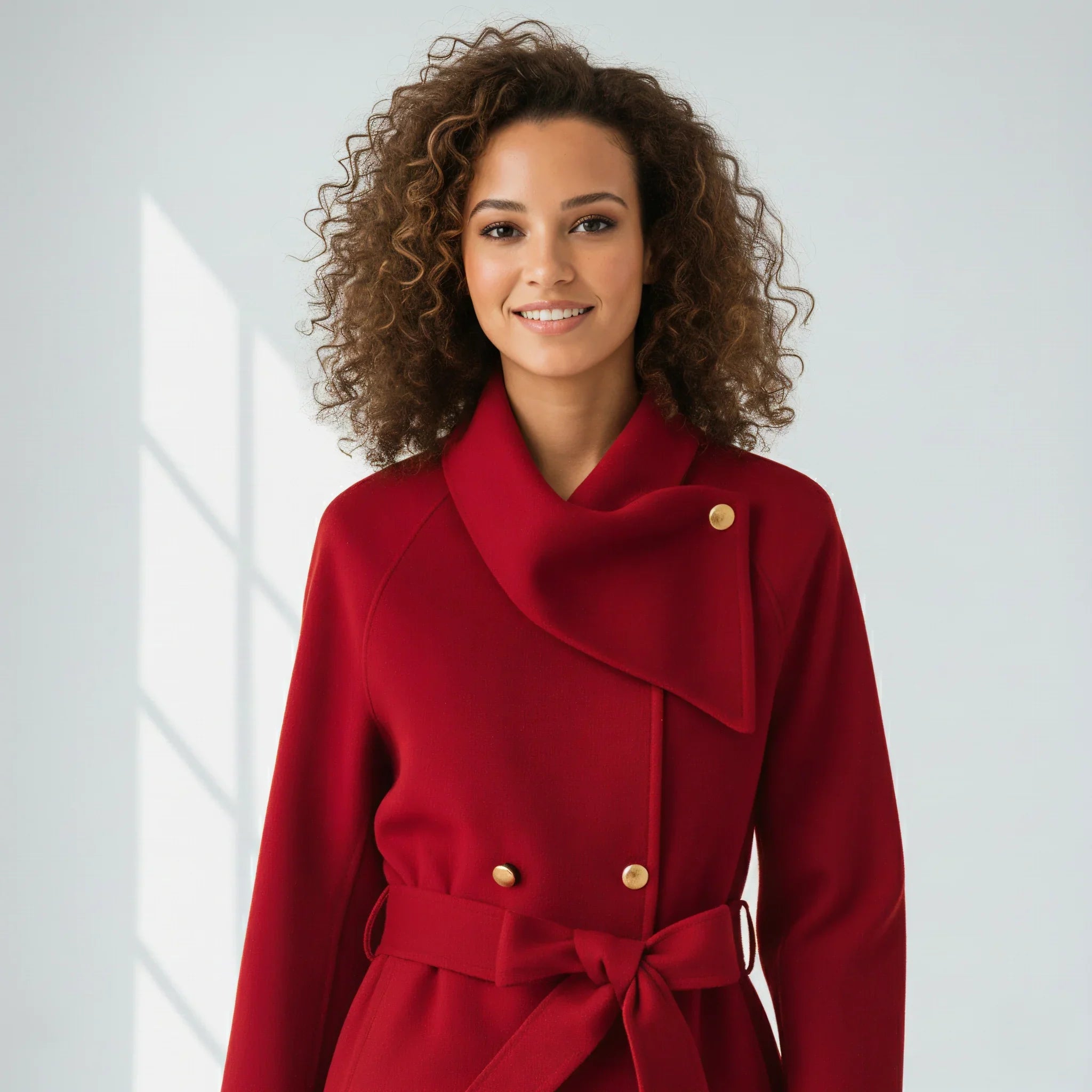 Manteau rouge féminin élégant en laine avec ceinture et boutons dorés, style intemporel Cygneora