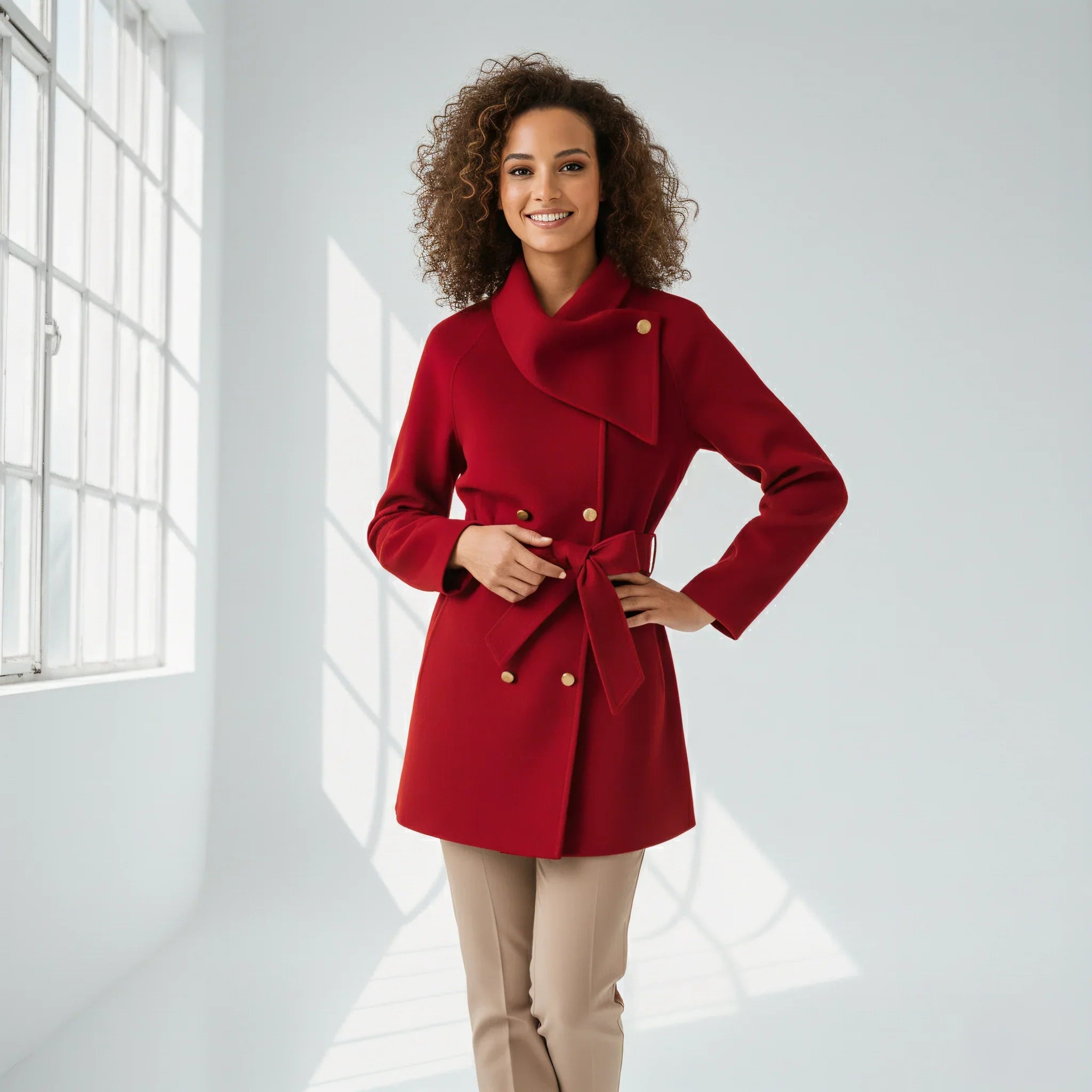 Femme souriante portant un manteau rouge en laine avec ceinture nouée, style élégant et moderne